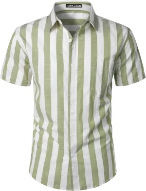 Men's Summer Casual Cotton Linen Striped Shirt Button Down Short Sleeve Shirts