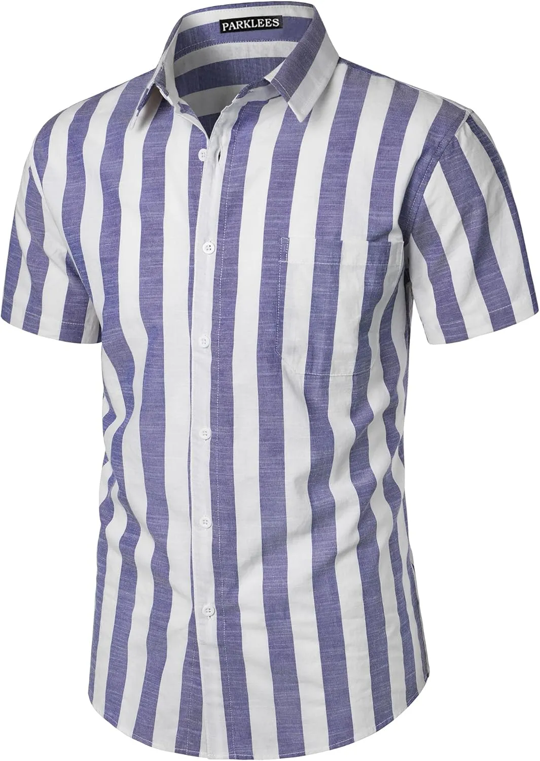 Men's Summer Casual Cotton Linen Striped Shirt Button Down Short Sleeve Shirts