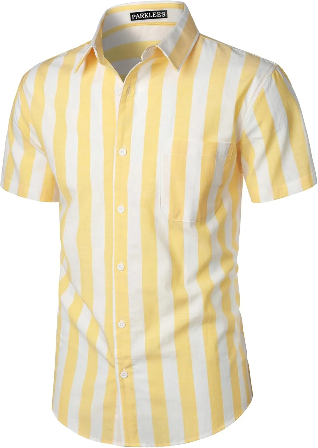 Men's Summer Casual Cotton Linen Striped Shirt Button Down Short Sleeve Shirts
