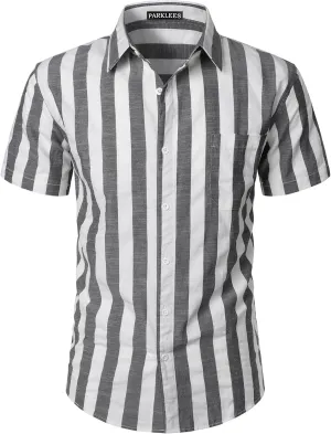 Men's Summer Casual Cotton Linen Striped Shirt Button Down Short Sleeve Shirts