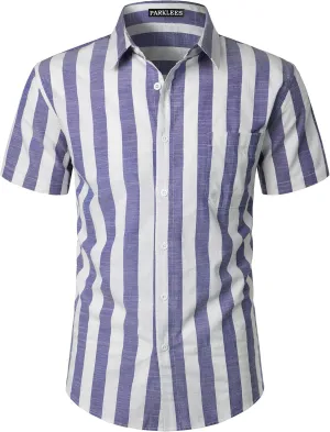 Men's Summer Casual Cotton Linen Striped Shirt Button Down Short Sleeve Shirts