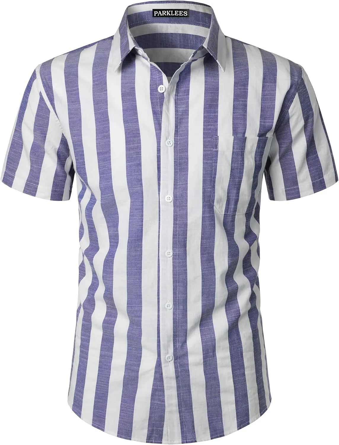 Men's Summer Casual Cotton Linen Striped Shirt Button Down Short Sleeve Shirts