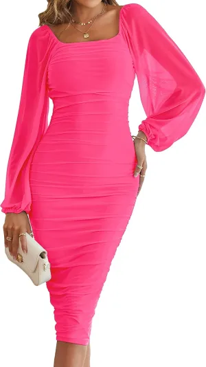 MEROKEETY Women's Long Puff Sleeve Ruched Bodycon Dress Square Neck Mesh Cocktail Party Midi Dresses