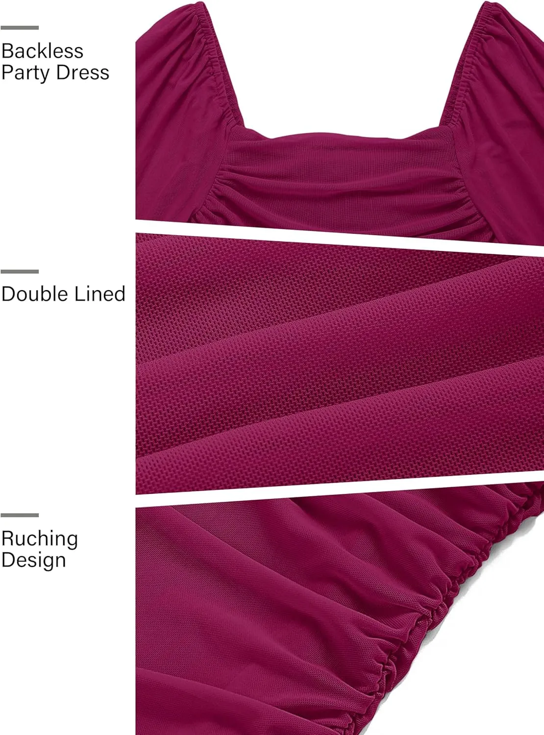 MEROKEETY Women's Long Puff Sleeve Ruched Bodycon Dress Square Neck Mesh Cocktail Party Midi Dresses
