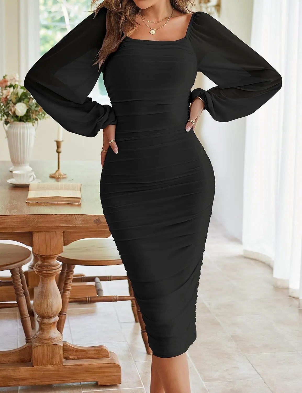 MEROKEETY Women's Long Puff Sleeve Ruched Bodycon Dress Square Neck Mesh Cocktail Party Midi Dresses