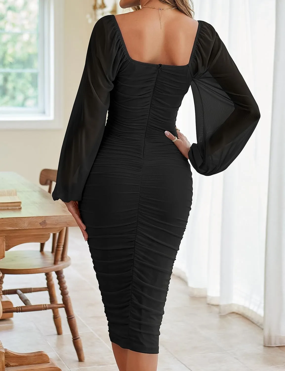 MEROKEETY Women's Long Puff Sleeve Ruched Bodycon Dress Square Neck Mesh Cocktail Party Midi Dresses