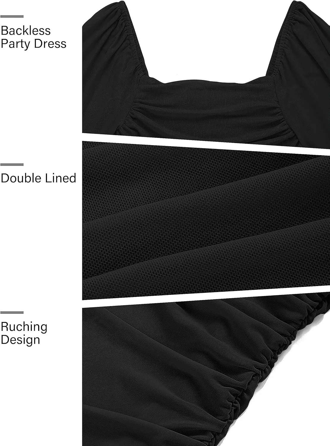 MEROKEETY Women's Long Puff Sleeve Ruched Bodycon Dress Square Neck Mesh Cocktail Party Midi Dresses