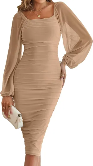 MEROKEETY Women's Long Puff Sleeve Ruched Bodycon Dress Square Neck Mesh Cocktail Party Midi Dresses