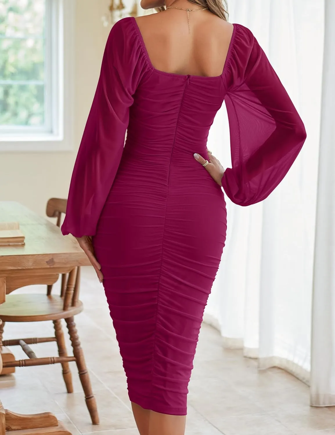 MEROKEETY Women's Long Puff Sleeve Ruched Bodycon Dress Square Neck Mesh Cocktail Party Midi Dresses
