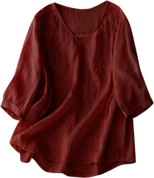 Mexican Tops for Women Vacation Summer Embroidered Blouses V Neck Button Down T-Shirt Short Sleeve Shirt