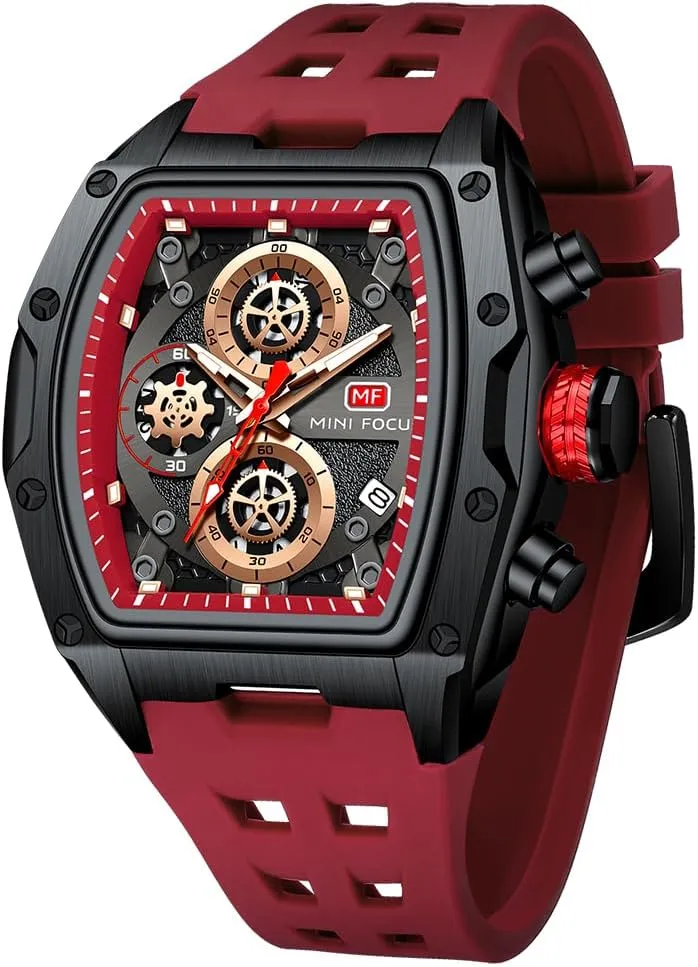 MF MINI FOCUS Watch for Men Wristwatch Fashion Hollow Big Dial Luminous Waterproof Sport Analog Quartz Business Chronograph Mens Watches Blue Silicon Strap Dress Watch0473 Red