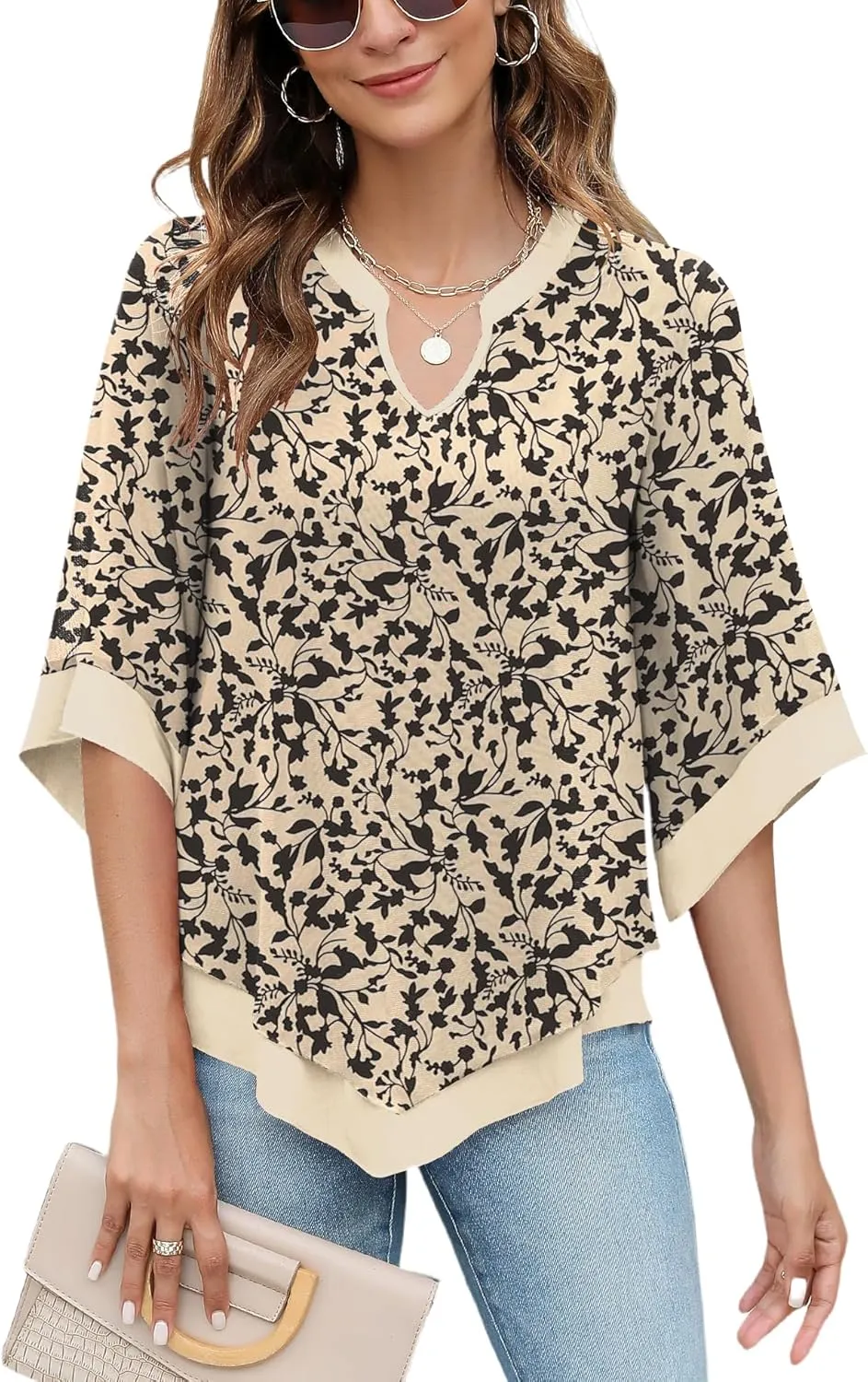 Micoson Womens 3/4 Sleeve Chiffon Blouses V Neck Double Layers Mesh Shirts Dressy Flowy Tunic Tops