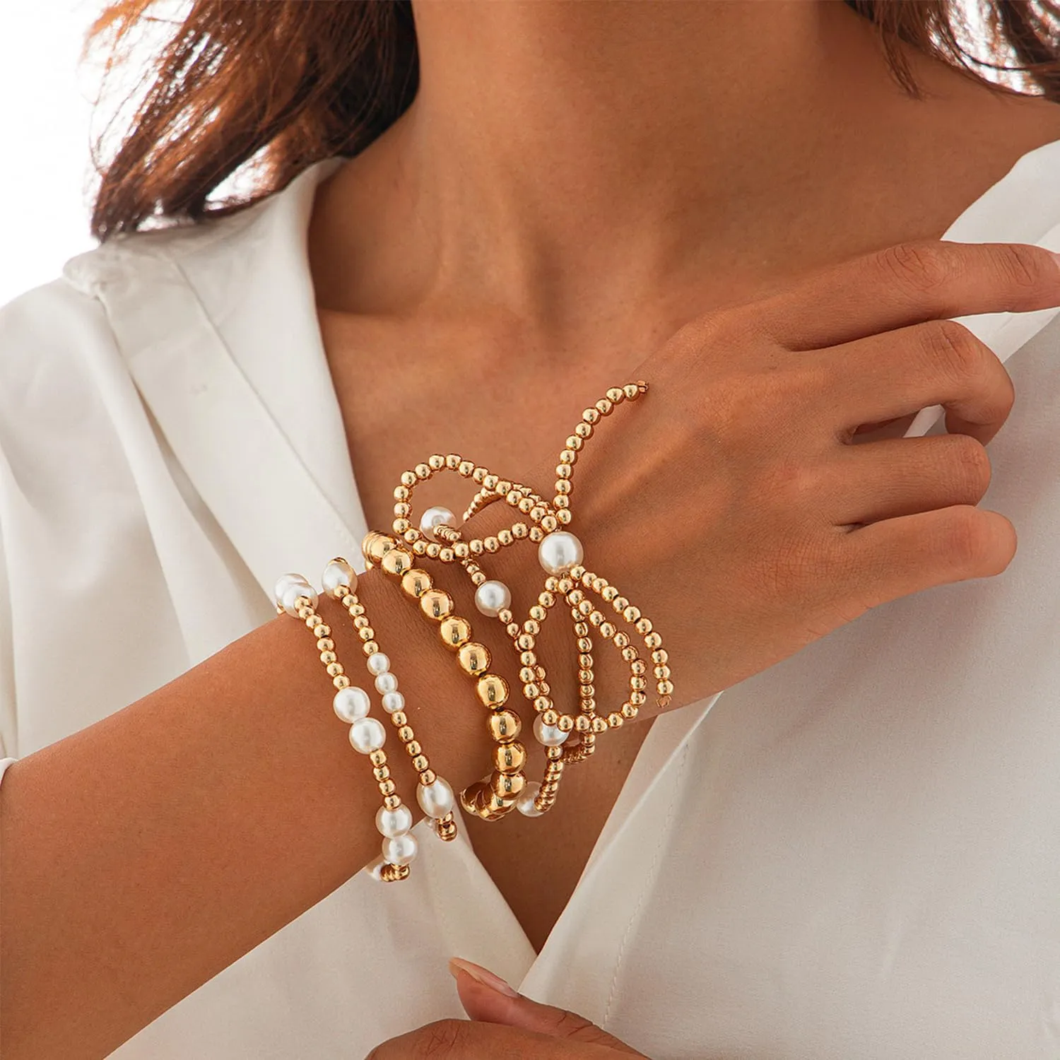 MIFYNN Gold Bow Bracelet for Women Gold Beaded Bracelets Stretch Bead Ball Bracelets Pearl Stackable Bracelets Adjustable Gold Jewelry for Women