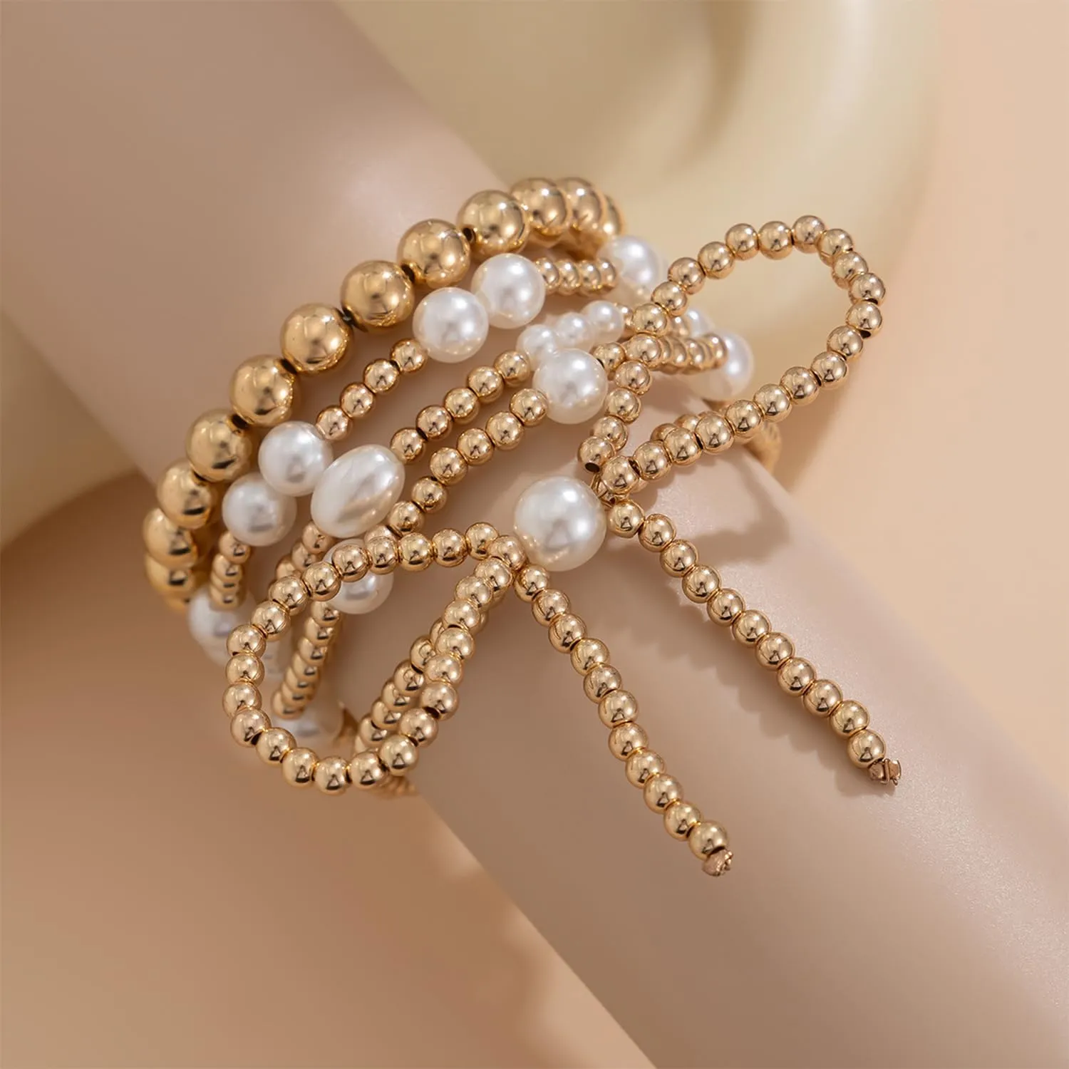 MIFYNN Gold Bow Bracelet for Women Gold Beaded Bracelets Stretch Bead Ball Bracelets Pearl Stackable Bracelets Adjustable Gold Jewelry for Women