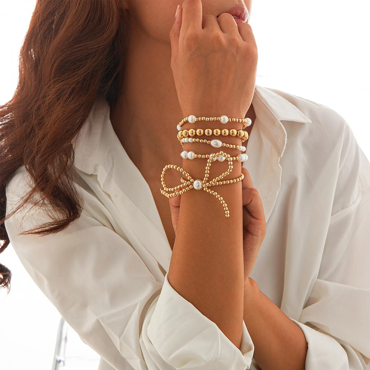MIFYNN Gold Bow Bracelet for Women Gold Beaded Bracelets Stretch Bead Ball Bracelets Pearl Stackable Bracelets Adjustable Gold Jewelry for Women