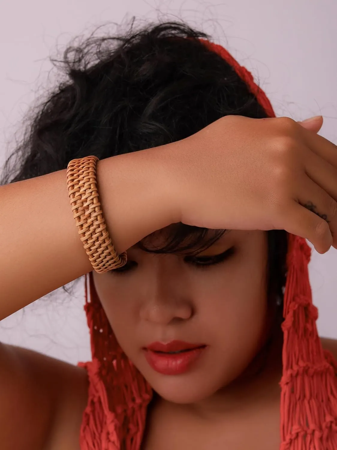 MINACHI Rattan Bracelet for Women, Handmade Lightweight Straw Wicker Braid Cuff Bangle, Adjustable Bohemian Woven Chunky Wrist Jewelry