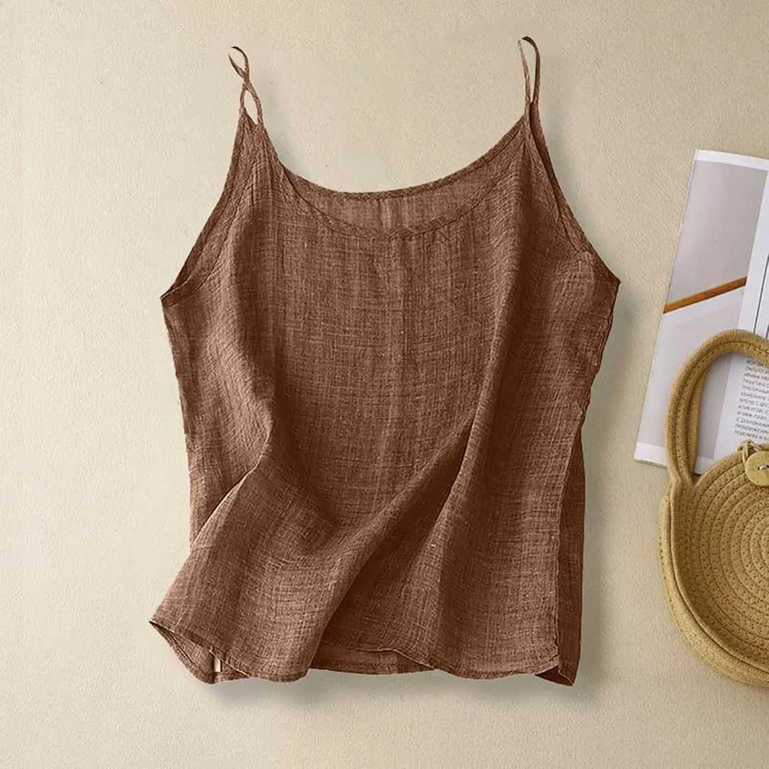 Miyaomn Women's Cotton Linen Tank Tops Spaghetti Strap Causal U Neck Sleeveless Camisole Shirts Lightweight Summer Vest Tees