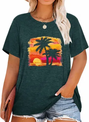 MK Shop Limited Plus Size Tops for Women Cute Vintage Graphic Tee Sunrise Camping Funny Print Casual Nature Travel Shirt