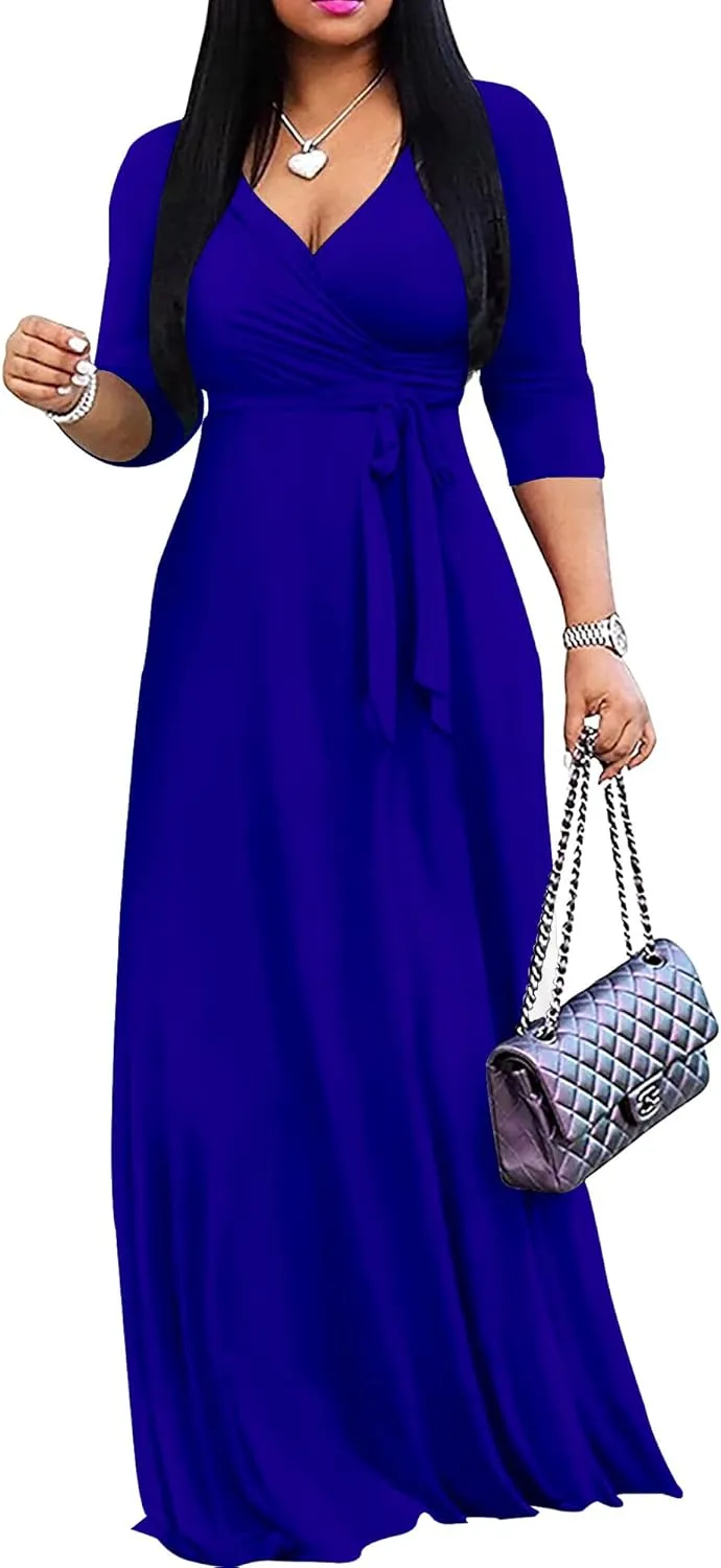 Mrskoala Women Plus Size Long Maxi Wrap Dresses Summer Sundress V-Neck 3/4 Sleeve