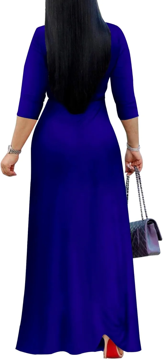 Mrskoala Women Plus Size Long Maxi Wrap Dresses Summer Sundress V-Neck 3/4 Sleeve