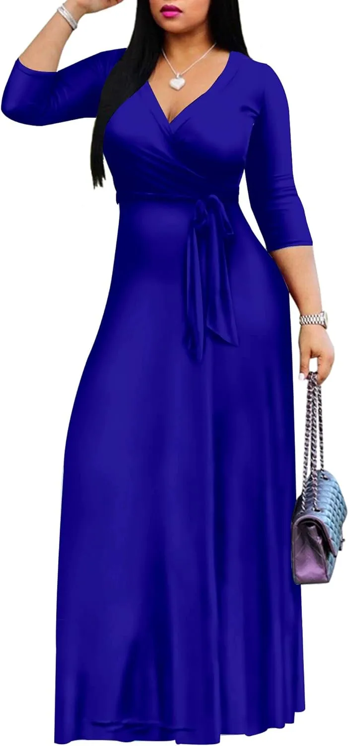 Mrskoala Women Plus Size Long Maxi Wrap Dresses Summer Sundress V-Neck 3/4 Sleeve