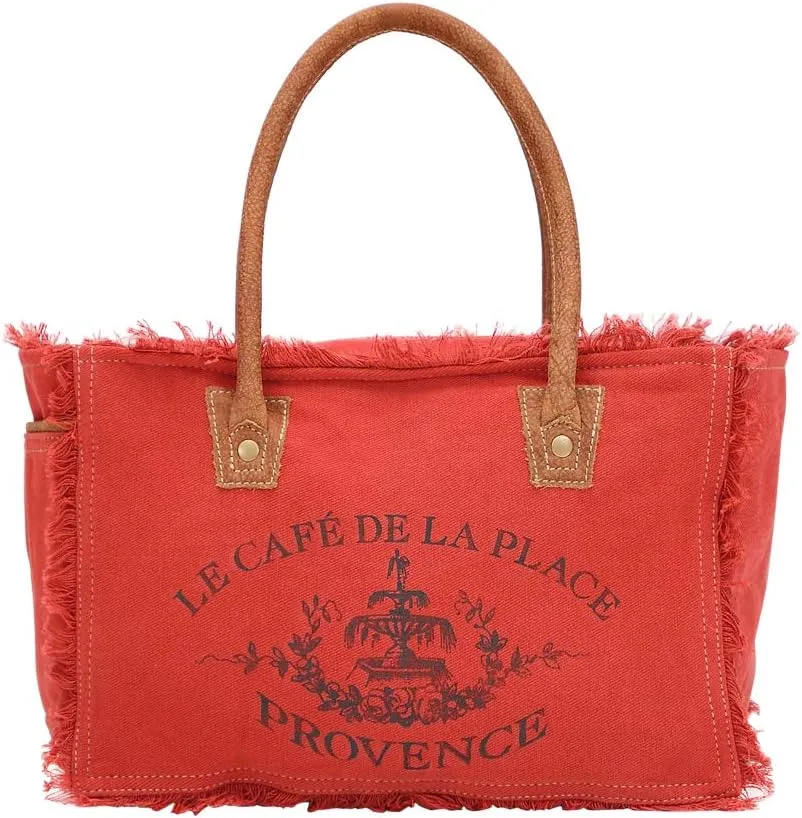 Myra Bag Carroty Upcycled Canvas & Leather Handbag S-1484, Red, Width 14in, Depth 5in, Height 10in, Handle 8.5in for Women