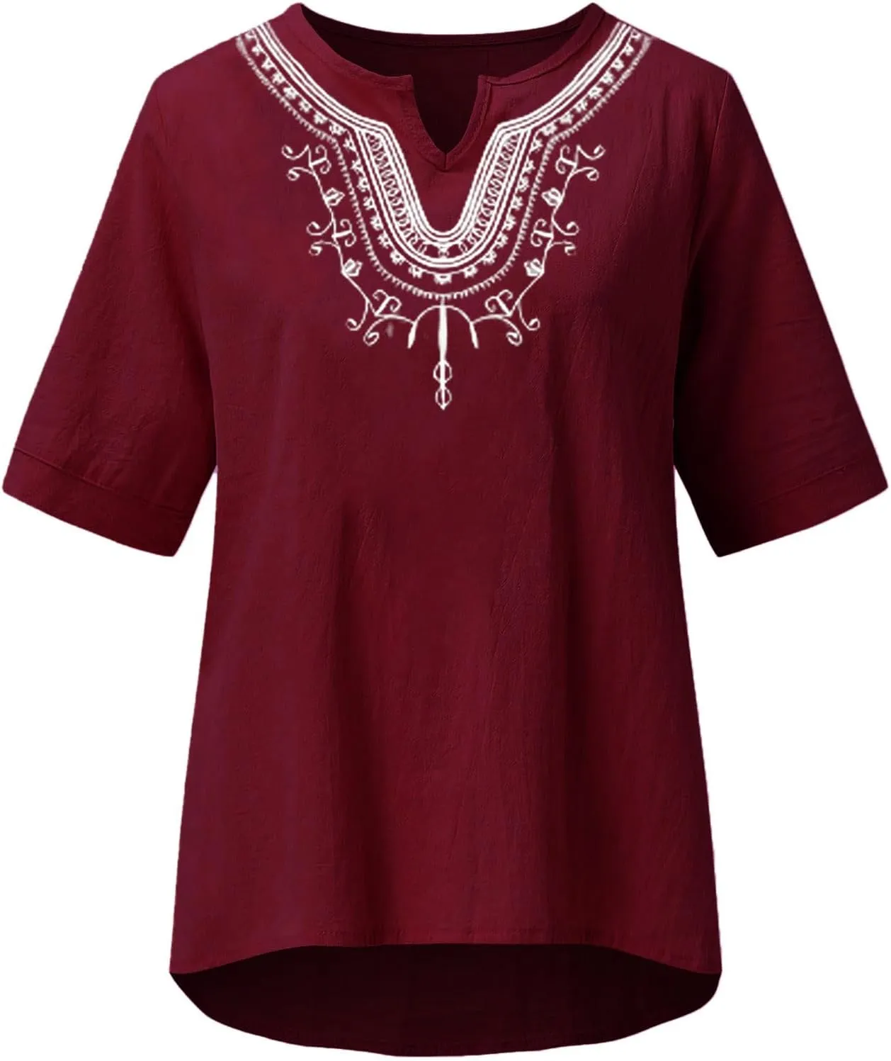 Mzkdieey Women's Embroidered Blouse Cotton Linen Short Sleeve Peasant Boho Tunic Tops Casual Notch V Neck Loose Fit T-Shirt