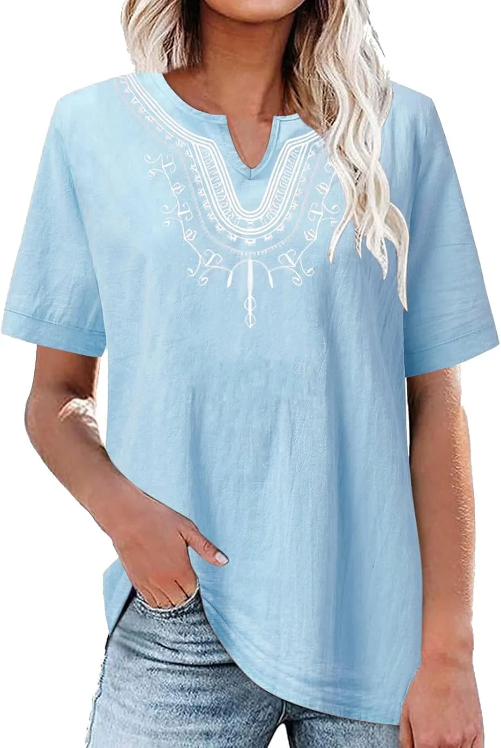 Mzkdieey Women's Embroidered Blouse Cotton Linen Short Sleeve Peasant Boho Tunic Tops Casual Notch V Neck Loose Fit T-Shirt