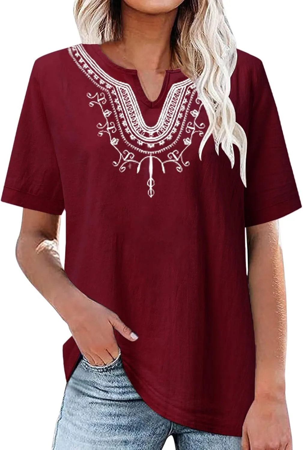 Mzkdieey Women's Embroidered Blouse Cotton Linen Short Sleeve Peasant Boho Tunic Tops Casual Notch V Neck Loose Fit T-Shirt