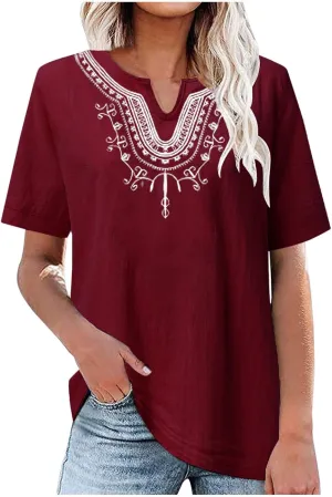 Mzkdieey Women's Embroidered Blouse Cotton Linen Short Sleeve Peasant Boho Tunic Tops Casual Notch V Neck Loose Fit T-Shirt