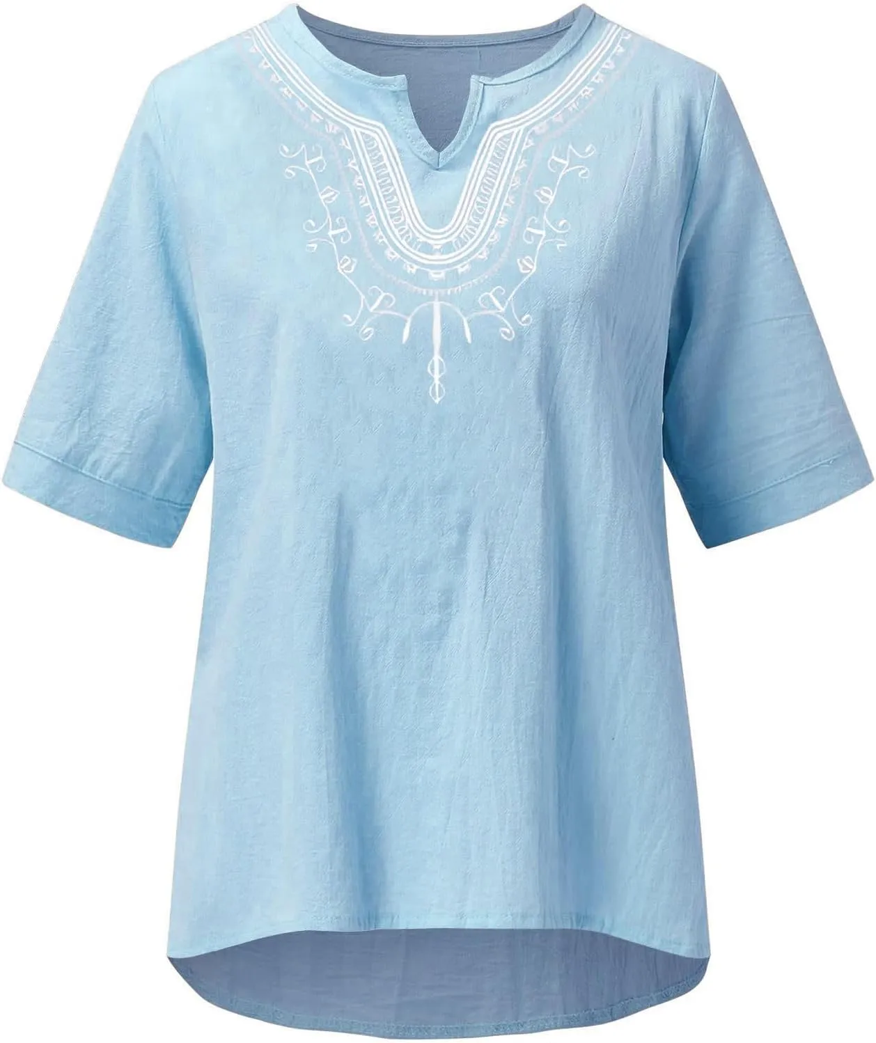 Mzkdieey Women's Embroidered Blouse Cotton Linen Short Sleeve Peasant Boho Tunic Tops Casual Notch V Neck Loose Fit T-Shirt
