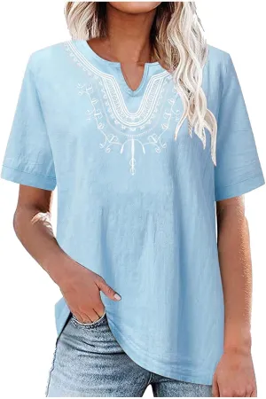 Mzkdieey Women's Embroidered Blouse Cotton Linen Short Sleeve Peasant Boho Tunic Tops Casual Notch V Neck Loose Fit T-Shirt