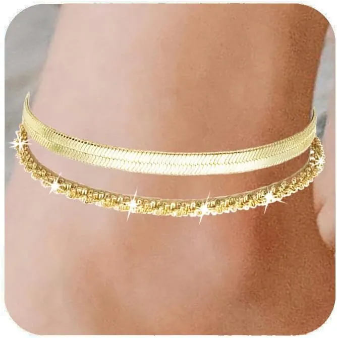 Nanafast 2/4/6PCS Ankle Bracelets for Women, Cuban Link/Snake Chain Anklet Bracelets Set for Women, Adjustable Gold/Silver Anklets for Women, Summer Beach Womens Anklets
