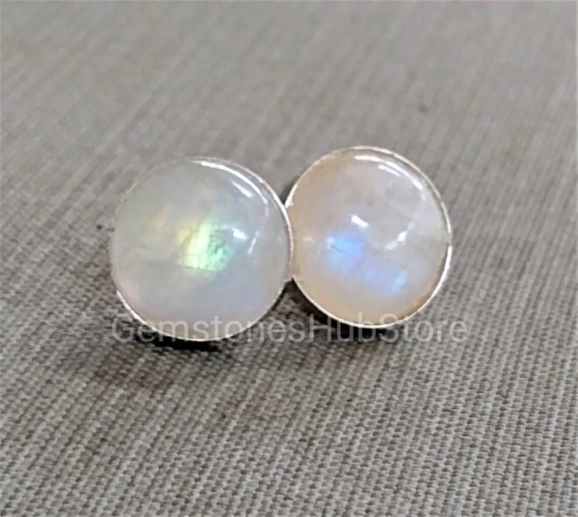 Natural Moonstone Studs Minimalist Studs Round Studs Moonstone Earrings 925 Sterling Silver Gift For Wife Girlfriend Mother Bridesmaid Jewelry Wedding Gift (8 mm, Black)