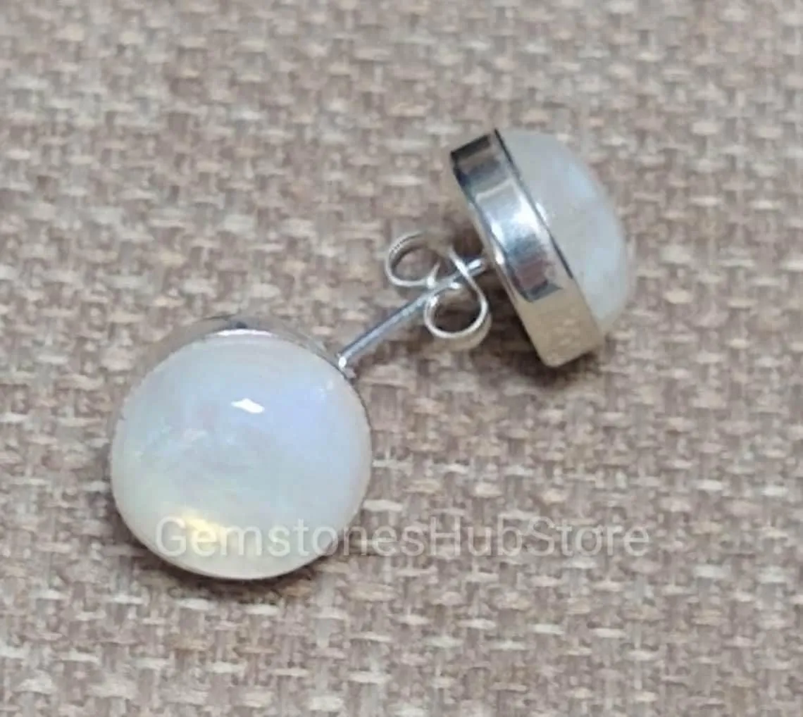 Natural Moonstone Studs Minimalist Studs Round Studs Moonstone Earrings 925 Sterling Silver Gift For Wife Girlfriend Mother Bridesmaid Jewelry Wedding Gift (8 mm, Black)