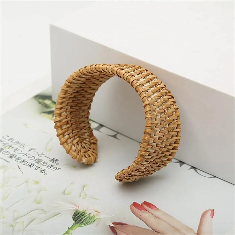 Natural Rattan Bracelet Handmade Lightweight Straw Wicker Braid Woven Bangle Bracelet Ethnic Chunky Bracelet for Women Jewelry