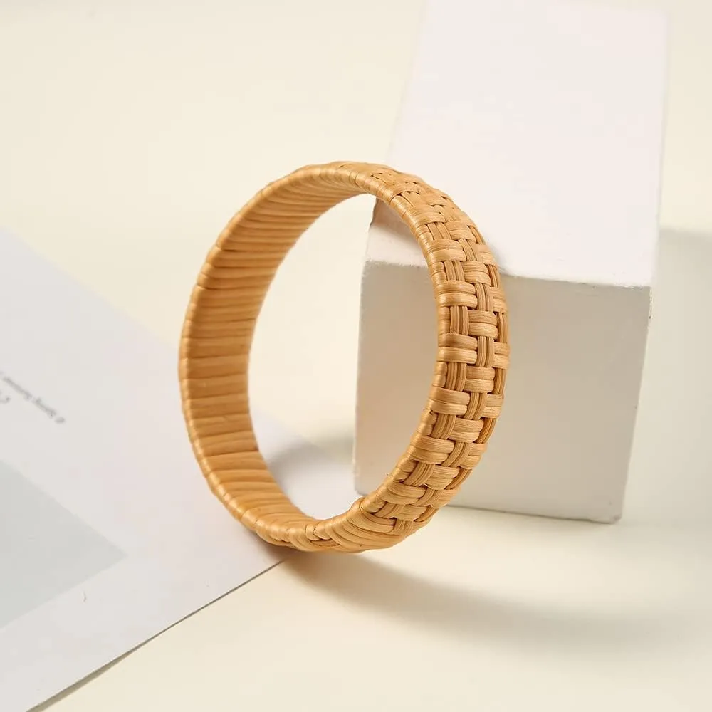 Natural Rattan Bracelet Handmade Lightweight Straw Wicker Braid Woven Bangle Bracelet Ethnic Chunky Bracelet for Women Jewelry