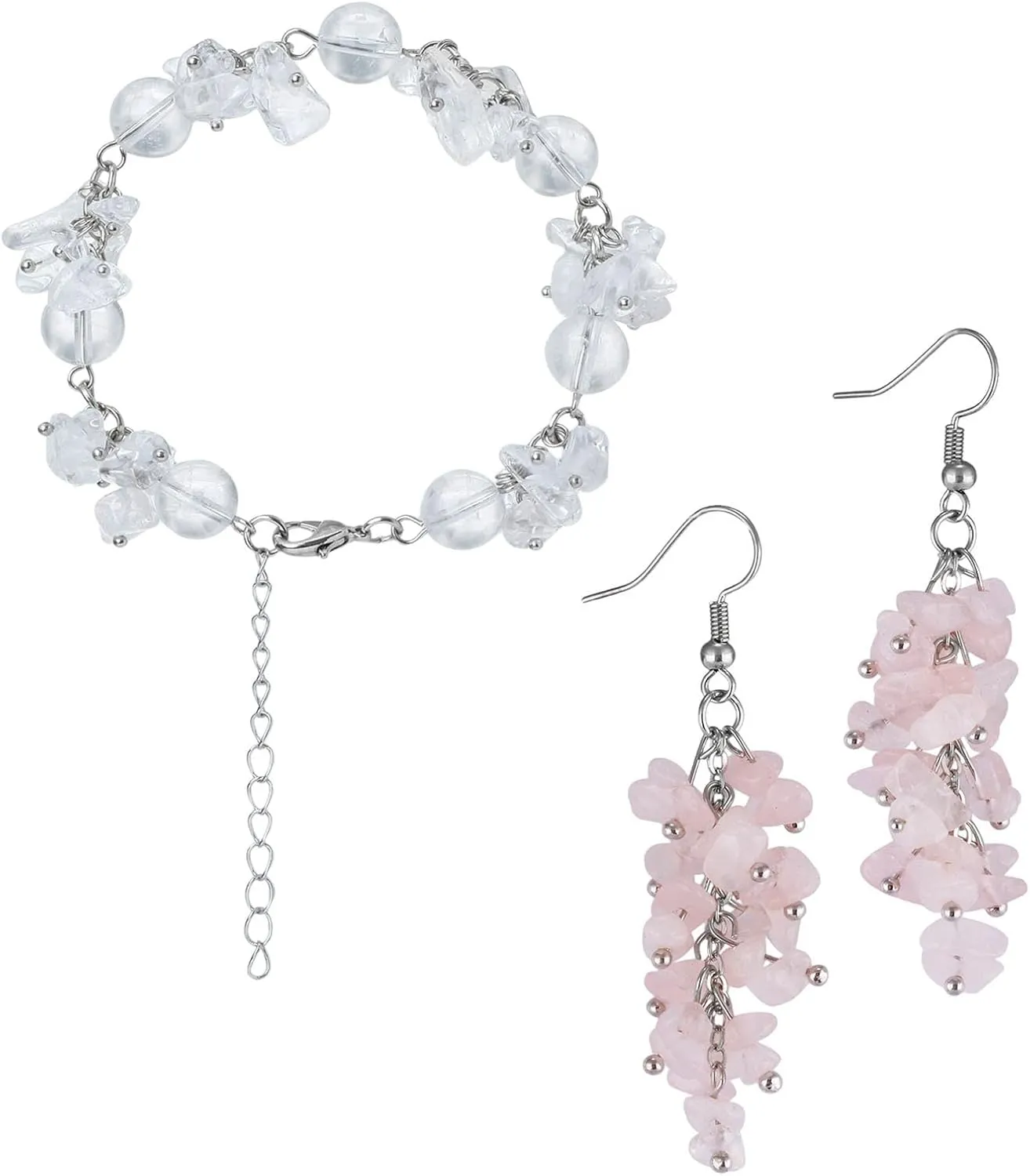 Nupuyai Healing Rose Quartz/Rock Crystal Beaded Jewelry Set for Women, Tumbled Stone Dangle Hook Earrings and Adjustable Crystal Stone Bead Bracelet, Rose Quartz Rock Crystal