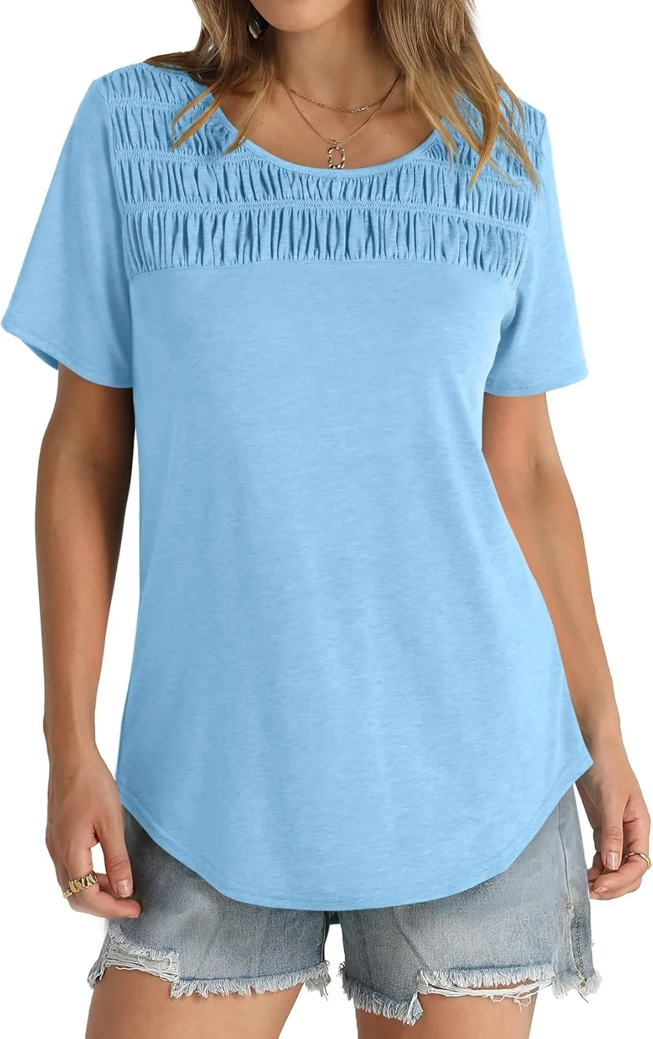 OFEEFAN Women's Summer Tops 2025 Trendy Short Sleeve Shirts Smocked Crewneck Tee