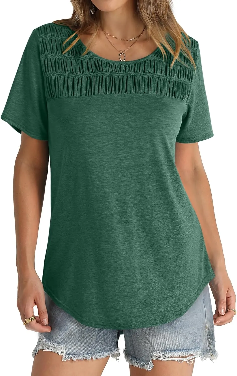 OFEEFAN Women's Summer Tops 2025 Trendy Short Sleeve Shirts Smocked Crewneck Tee
