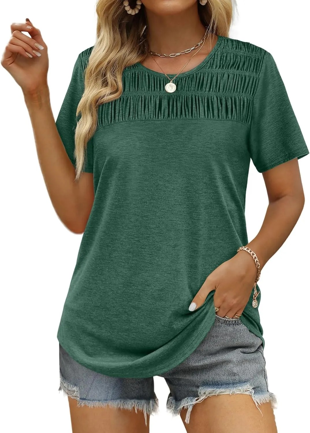 OFEEFAN Women's Summer Tops 2025 Trendy Short Sleeve Shirts Smocked Crewneck Tee