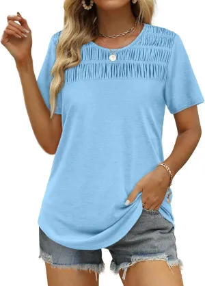 OFEEFAN Women's Summer Tops 2025 Trendy Short Sleeve Shirts Smocked Crewneck Tee