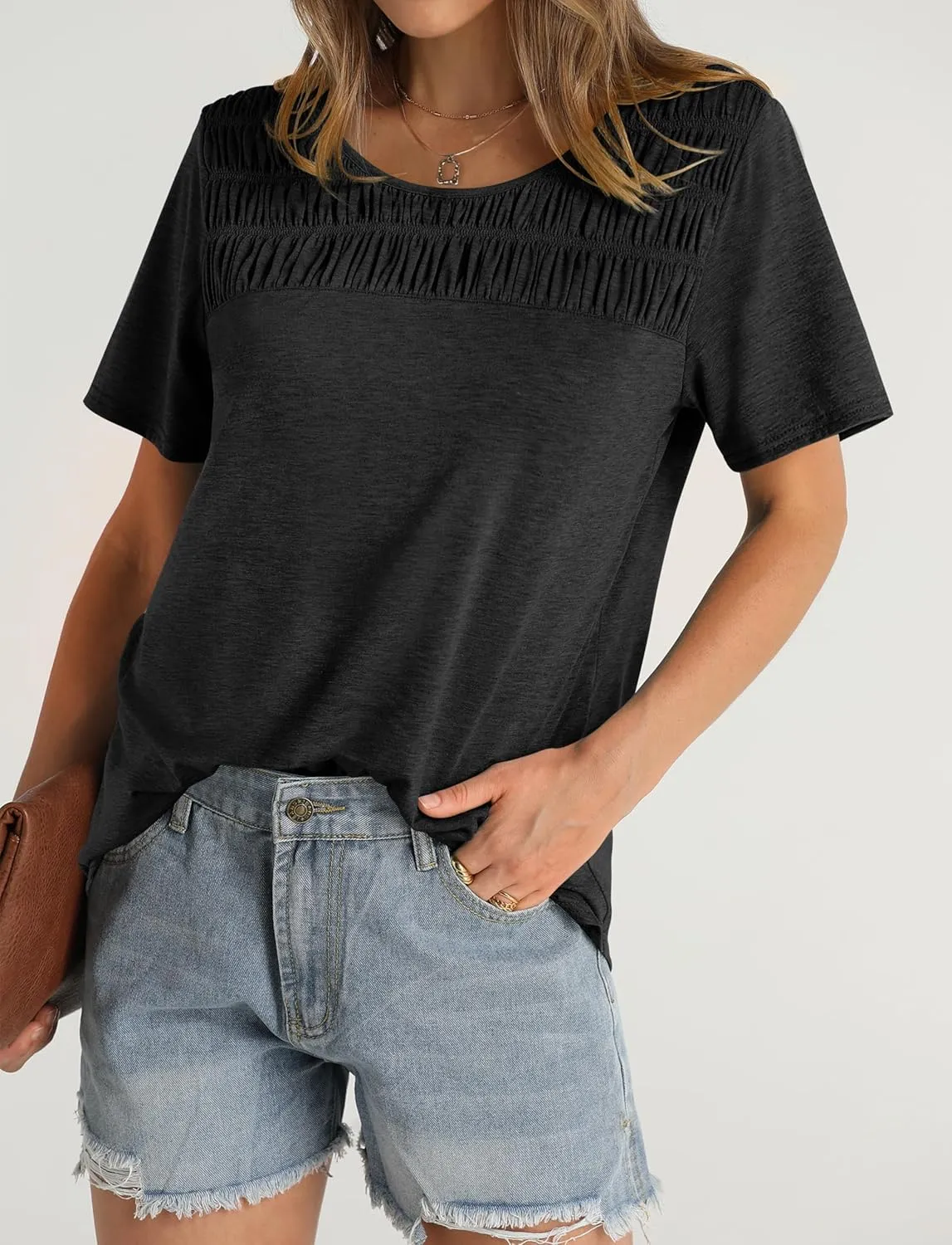 OFEEFAN Women's Summer Tops 2025 Trendy Short Sleeve Shirts Smocked Crewneck Tee