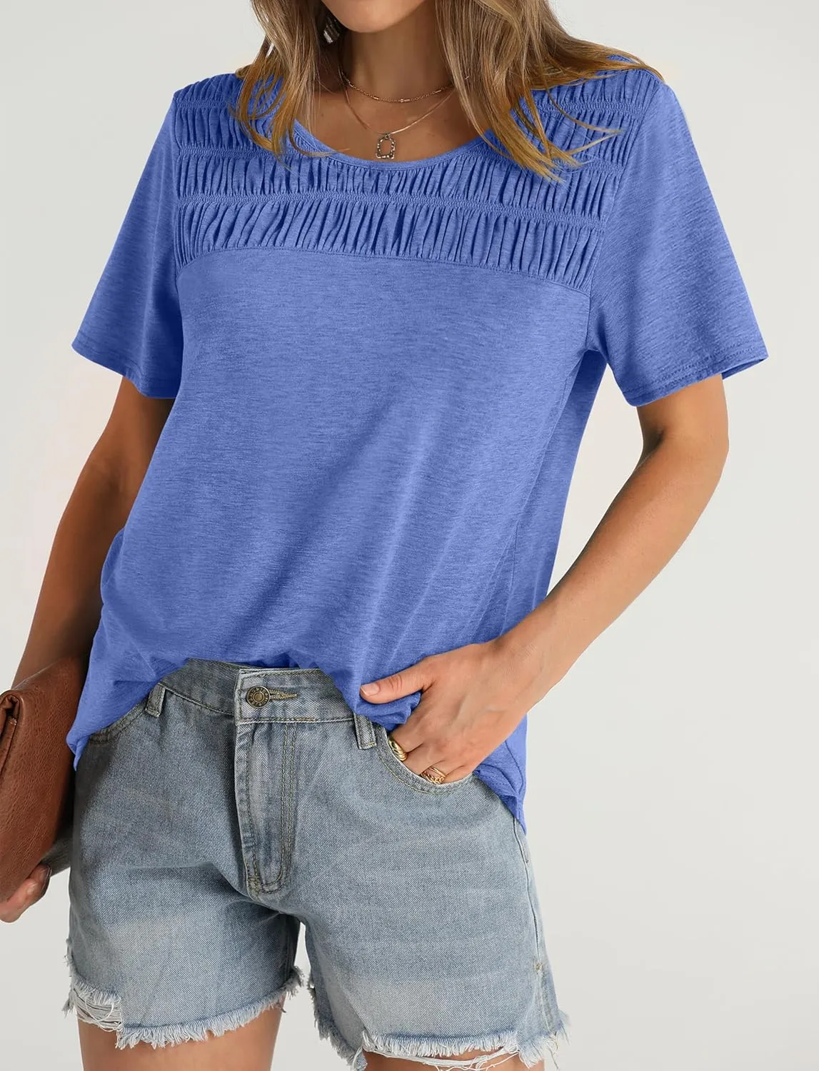 OFEEFAN Women's Summer Tops 2025 Trendy Short Sleeve Shirts Smocked Crewneck Tee