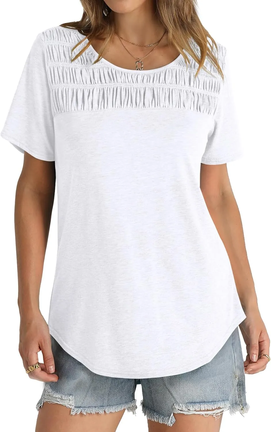 OFEEFAN Women's Summer Tops 2025 Trendy Short Sleeve Shirts Smocked Crewneck Tee