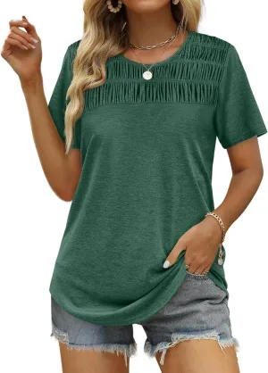 OFEEFAN Women's Summer Tops 2025 Trendy Short Sleeve Shirts Smocked Crewneck Tee