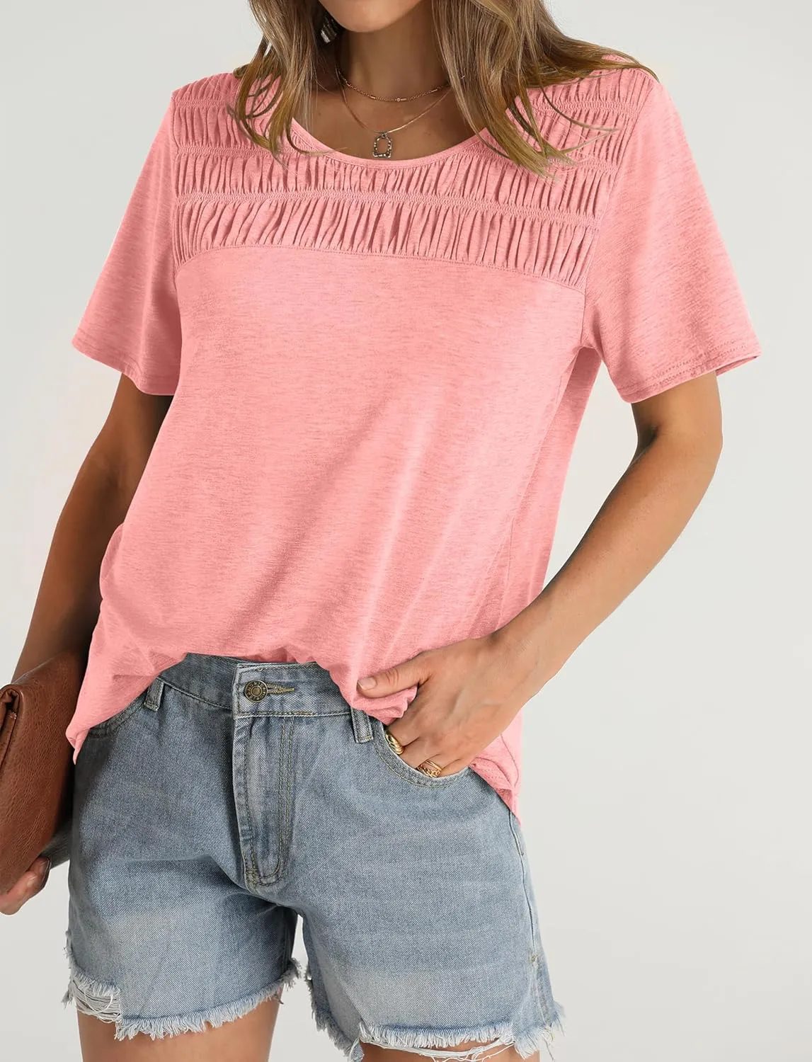 OFEEFAN Women's Summer Tops 2025 Trendy Short Sleeve Shirts Smocked Crewneck Tee