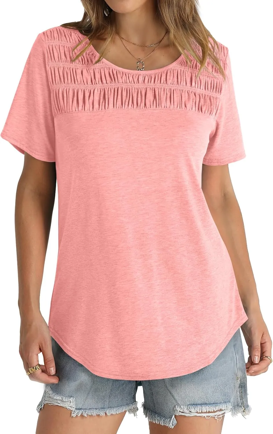 OFEEFAN Women's Summer Tops 2025 Trendy Short Sleeve Shirts Smocked Crewneck Tee