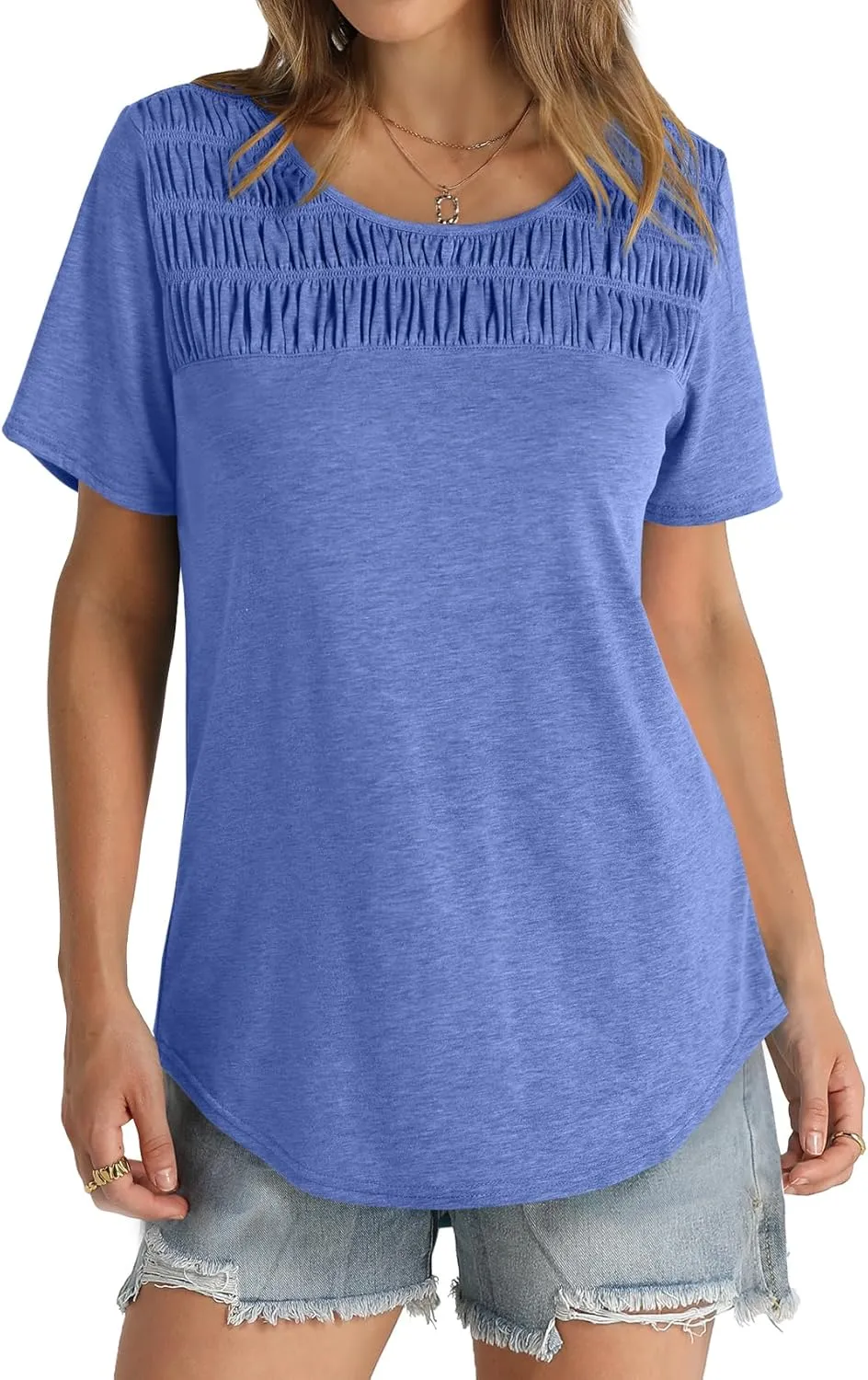 OFEEFAN Women's Summer Tops 2025 Trendy Short Sleeve Shirts Smocked Crewneck Tee