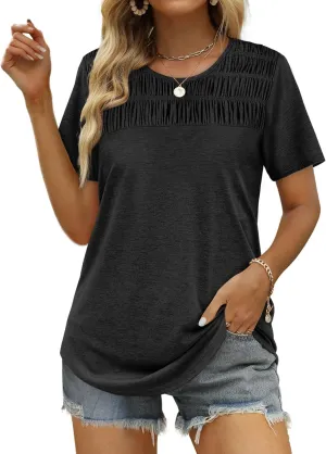 OFEEFAN Women's Summer Tops 2025 Trendy Short Sleeve Shirts Smocked Crewneck Tee